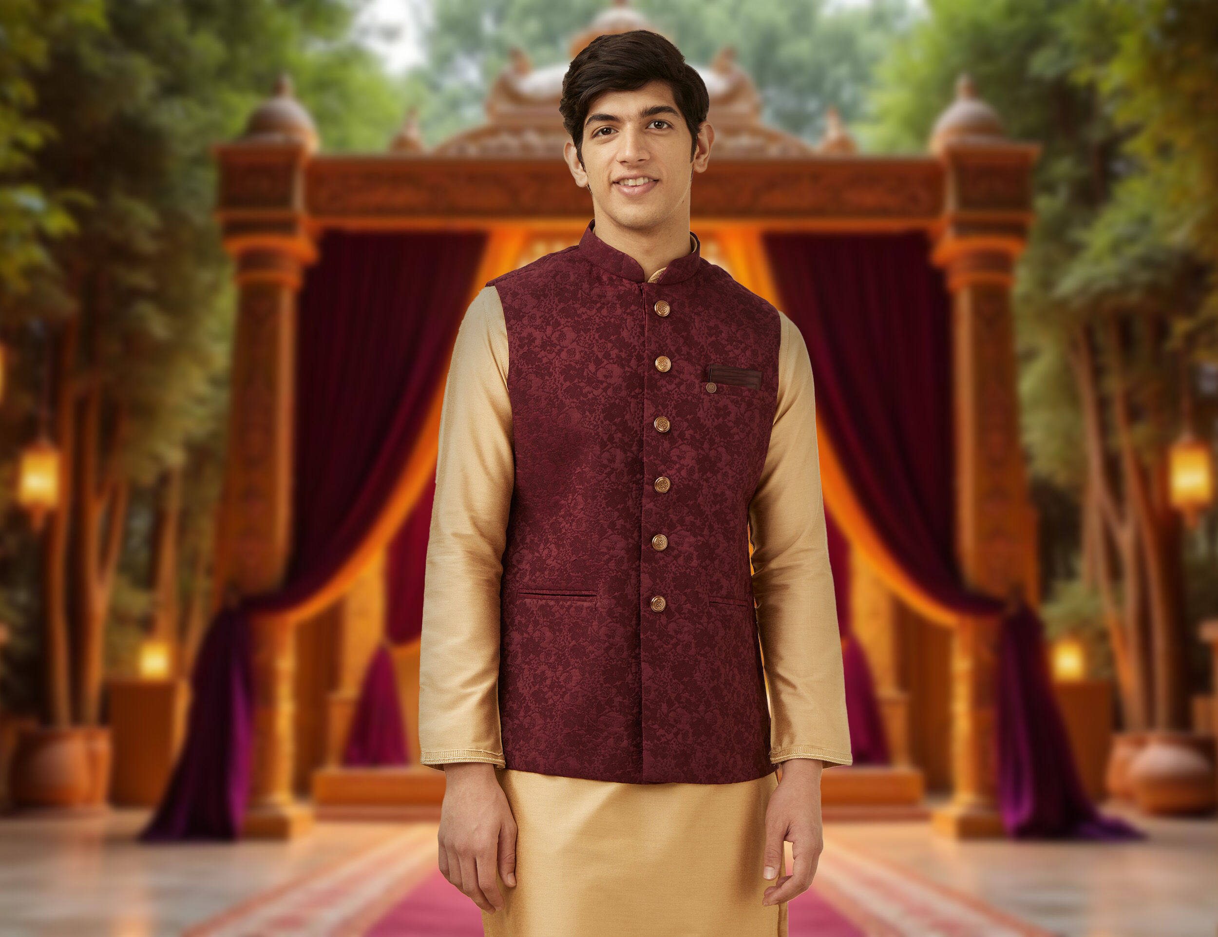 Men wearing golden kurta with maroon jacket on it